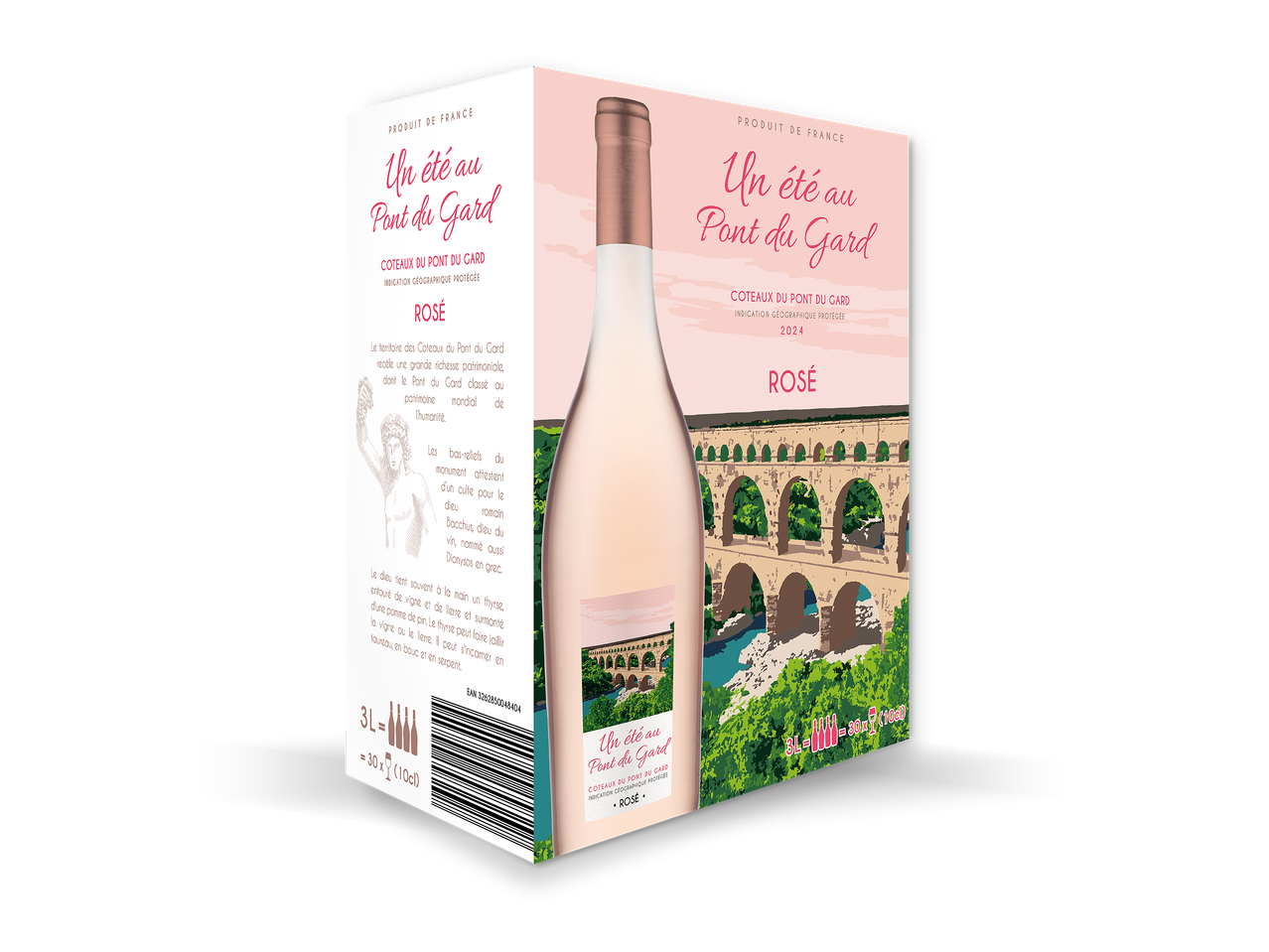 Un carton de vin rosé de 3L avec une bouteille de vin, illustrant le Pont du Gard.