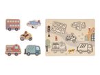 Wooden puzzle with colorful vehicle pieces and matching outlines on a board.