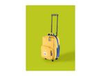 Yellow children's rolling backpack with a lion face design and blue accents.