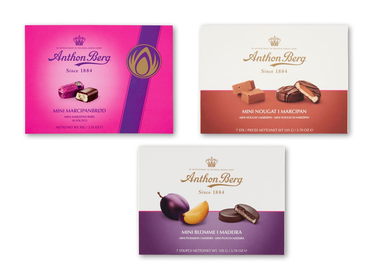 Tre Anthon Berg chokoladeæsker: Mini Marcipanbrød, Mini Nougat i Marcipan og Mini Blomme i Madeira.