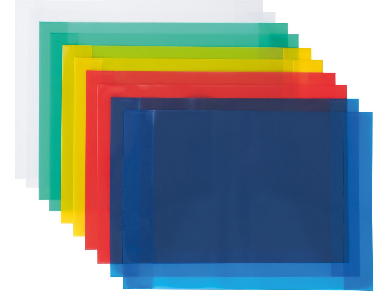 Cartelle portadocumenti colorate in plastica trasparente, disposte a ventaglio.