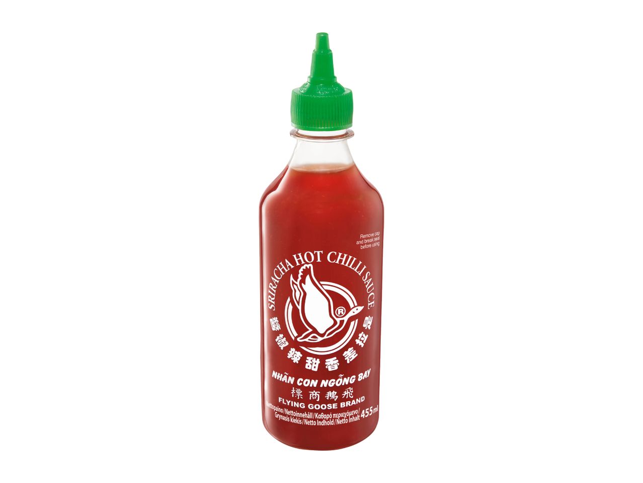 A bottle of red hot chili sauce with a green cap and a goose logo.