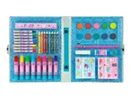 A light blue art set with crayons, markers, paints, and stickers.
