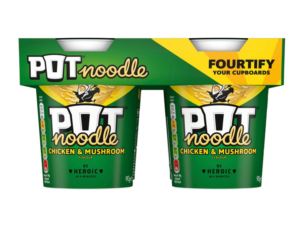 Two Pot Noodle Chicken & Mushroom cups in a pack, ready to be prepared.