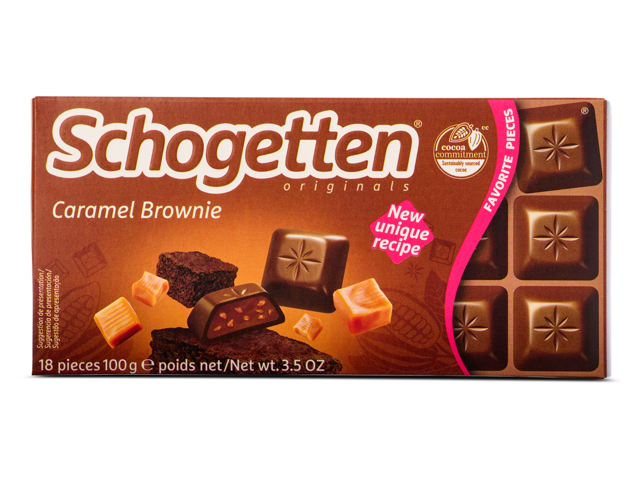 Schogetten Caramel Brownie chocoladereep met stukjes karamel en brownie.