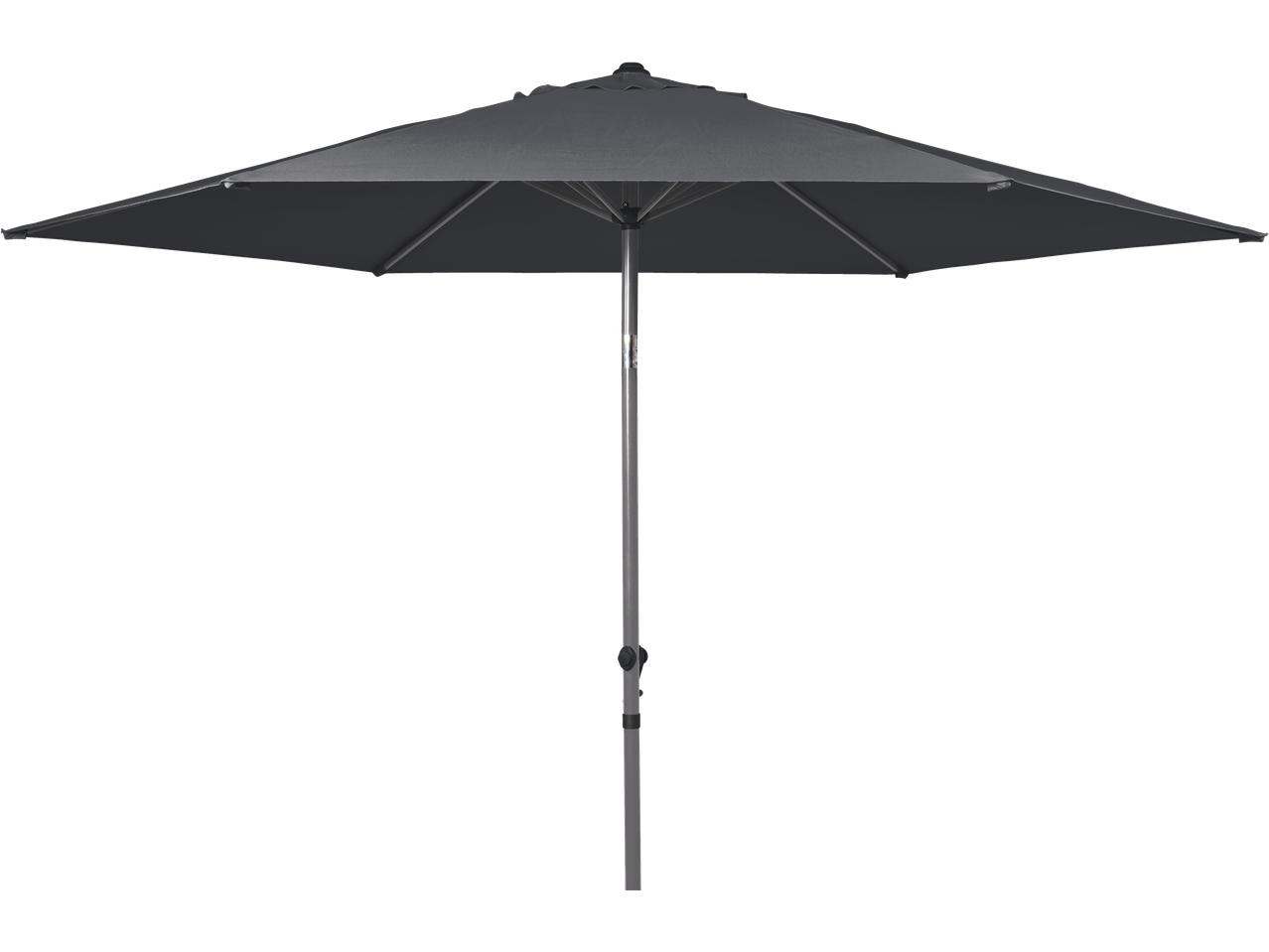Dark grey garden umbrella with a silver pole, providing shade.