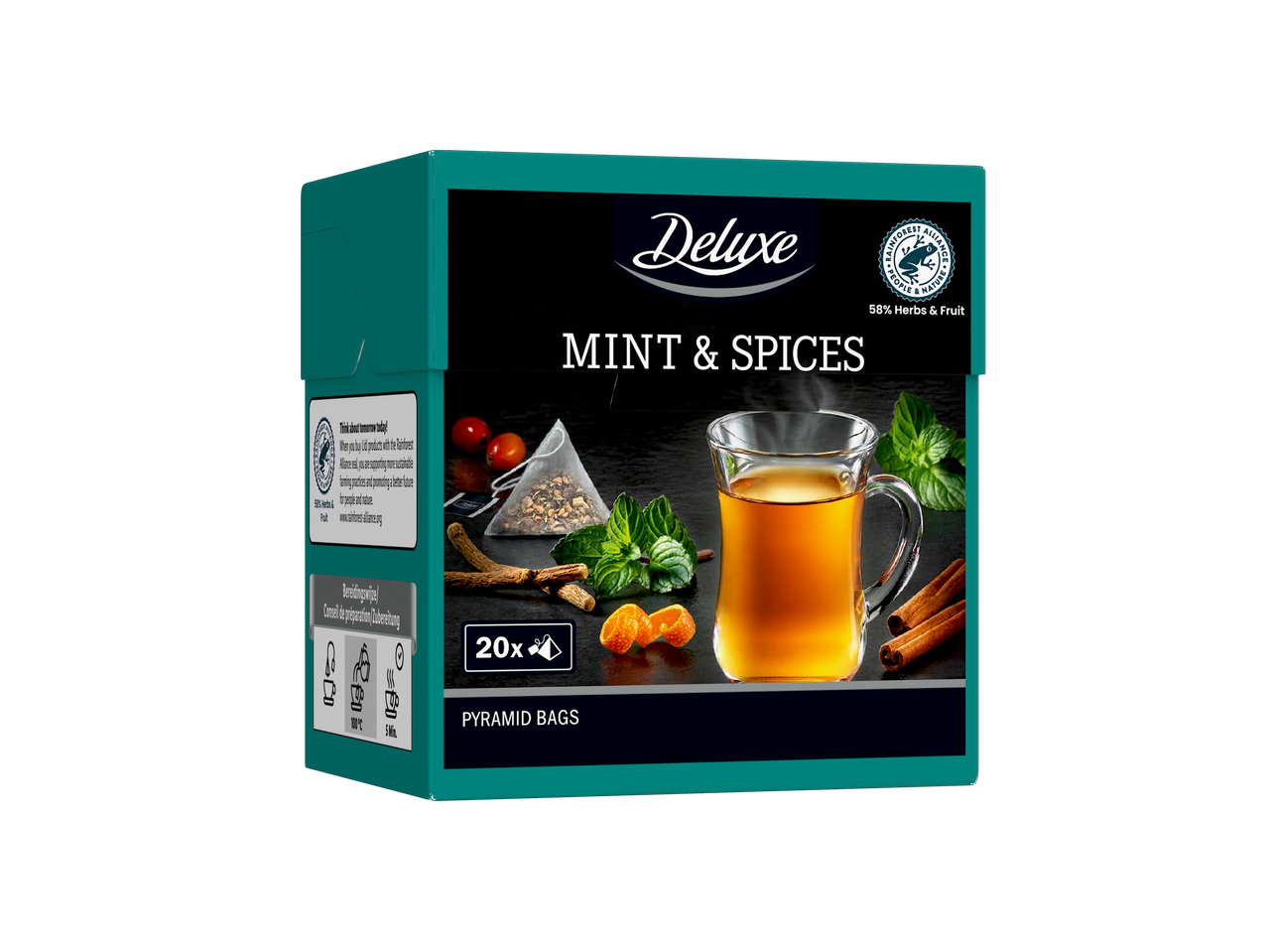 Boîte de thé Deluxe Menthe & Épices avec 20 sachets pyramidaux, portant le sceau Rainforest Alliance.