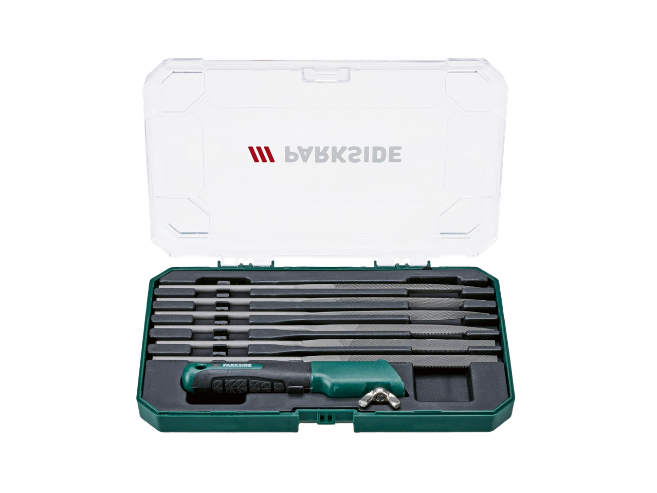 Conjunto de limas PARKSIDE com várias limas e cabo numa caixa verde e transparente.