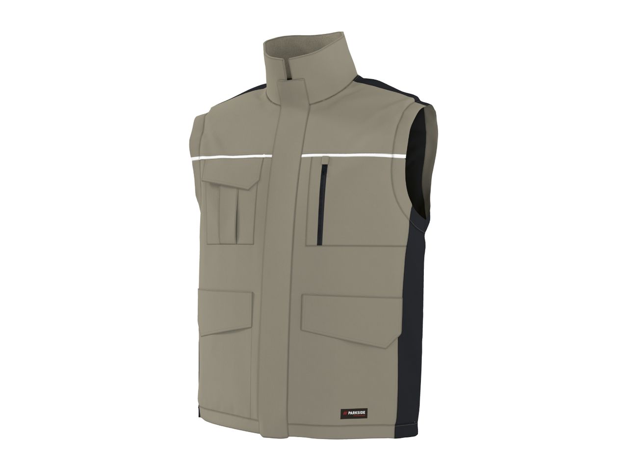 Men's work vest in beige with black side panels and reflective stripes