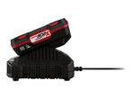 A black and red power tool battery charging on a black charger, with a power cord extending to the right.