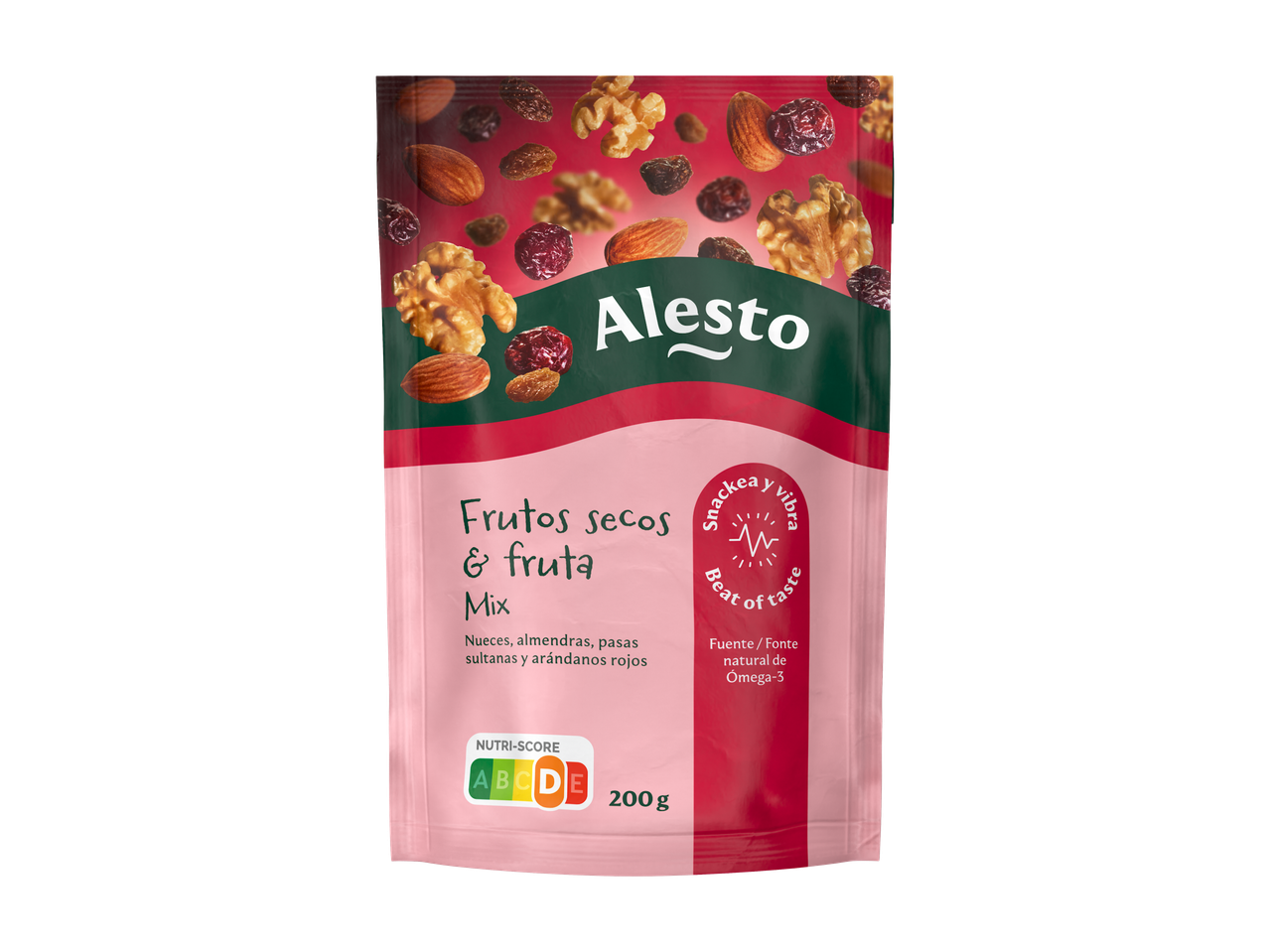 Alesto mistura de frutos secos e fruta com nozes, amêndoas, passas sultanas e arandos vermelhos, 200g.