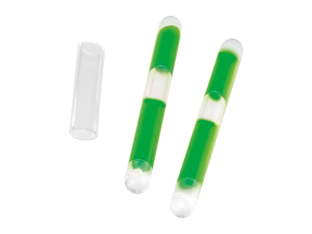 Two green glow sticks and a clear plastic tube on a white background.