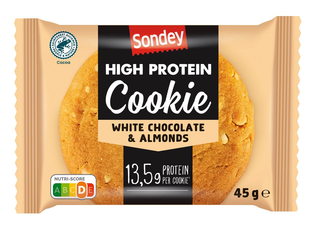 Un biscuit Sondey riche en protéines au chocolat blanc et amandes, 45g.