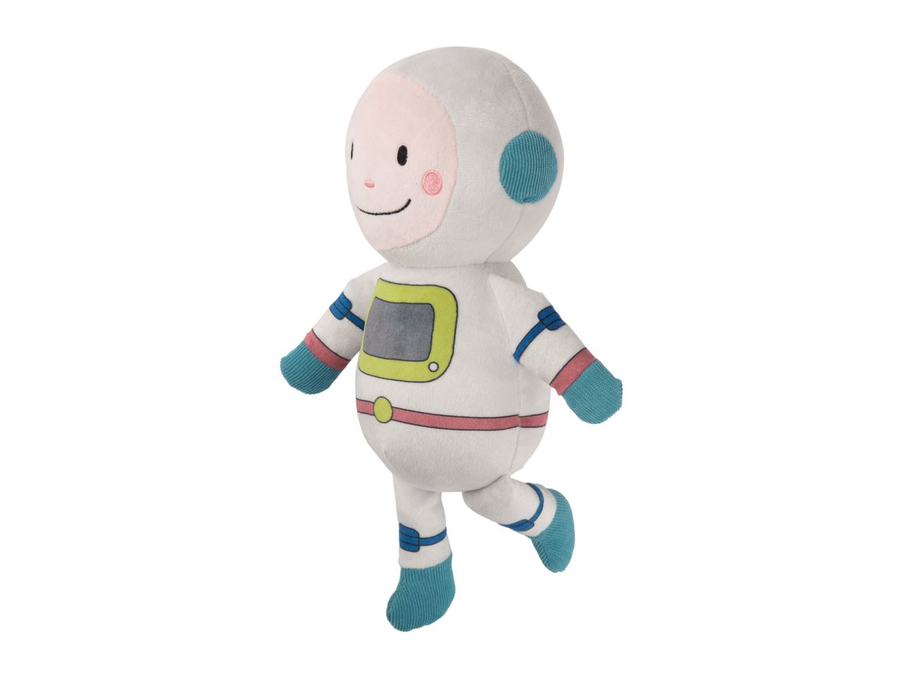 Plush astronaut toy with a friendly face and colorful accents.