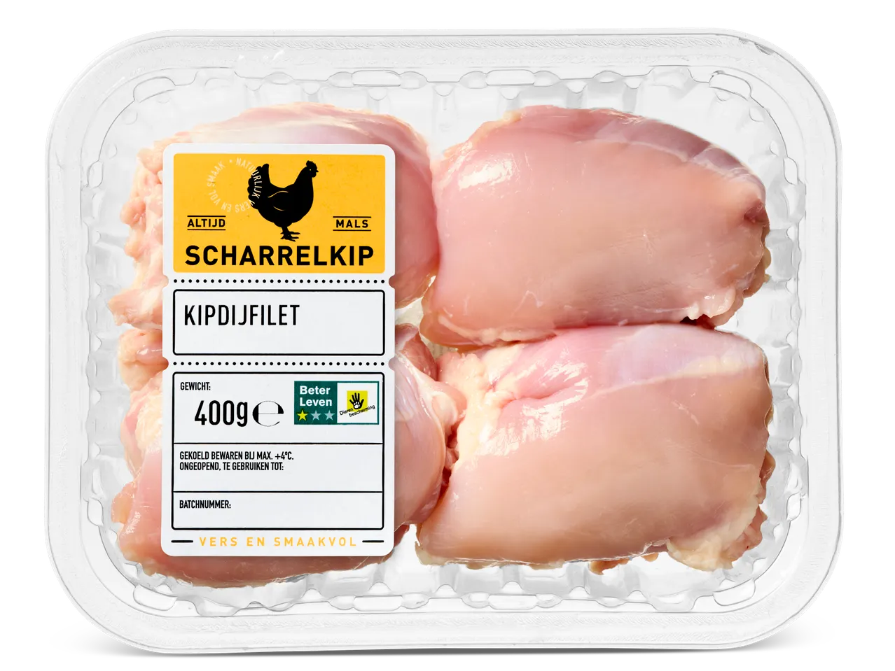 400g scharrelkipfilets in plastic verpakking, Beter Leven kwaliteit.