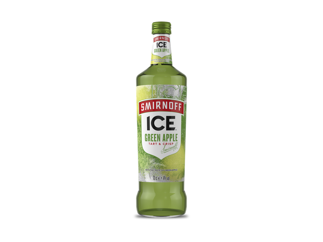 Fles groene appel gearomatiseerde alcoholische drank, 70cl, 4% vol.