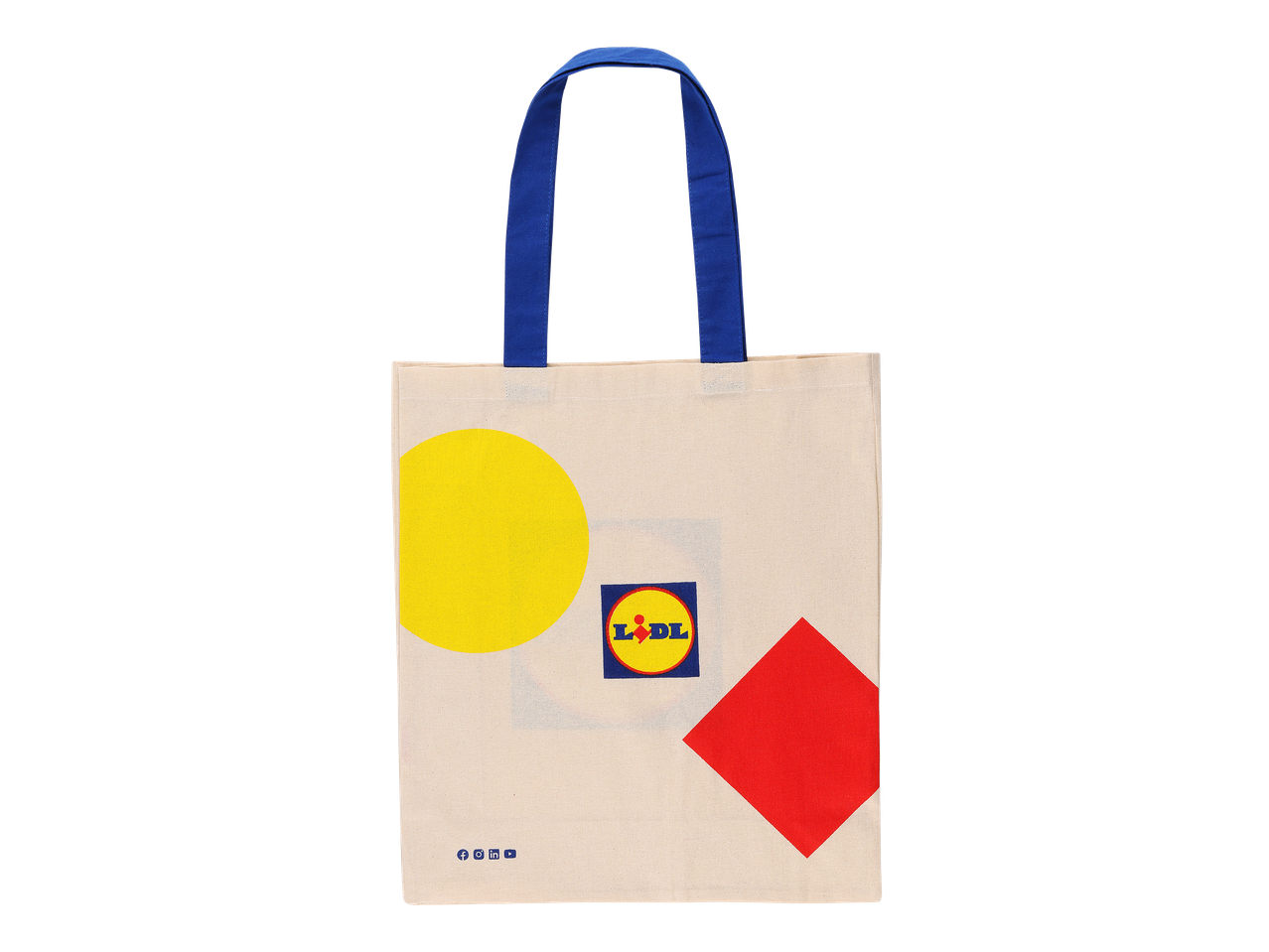 Bela nakupovalna torba z modrimi ročaji, rumenim krogom in rdečim kvadratom.