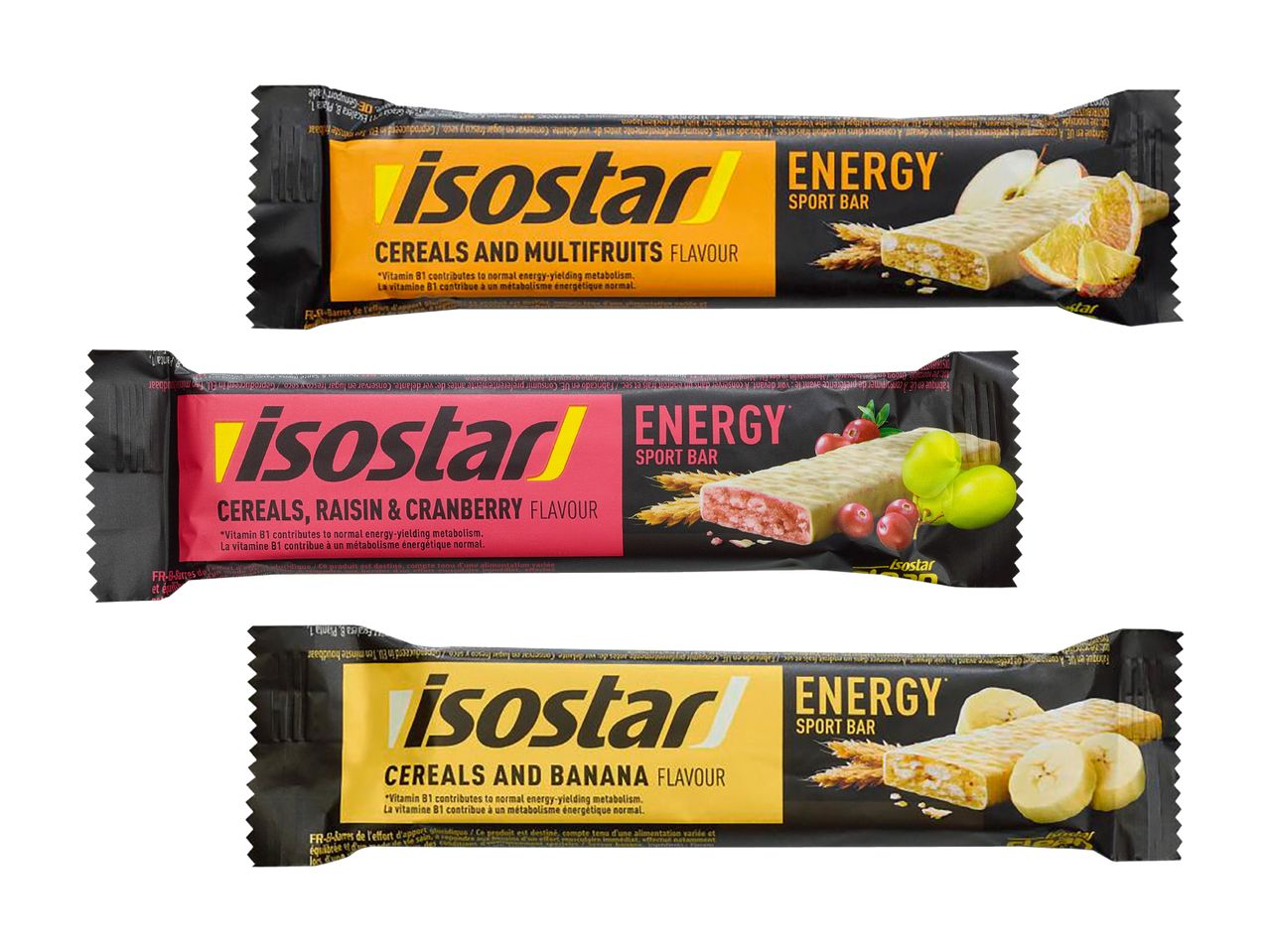 Drei Isostar Energy Sportriegel in den Geschmacksrichtungen Multifrucht, Rosine-Cranberry und Banane.