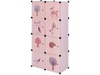 Розов модулен шкаф с осем отделения, украсен с горски животни и растения.