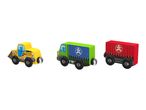 Three wooden toy vehicles: a yellow bulldozer, a green truck, and a red cargo wagon.