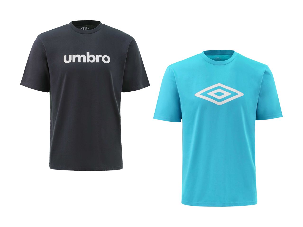 To kortærmede T-shirts, en mørkegrå med hvid tekst og en turkis med et hvidt logo.