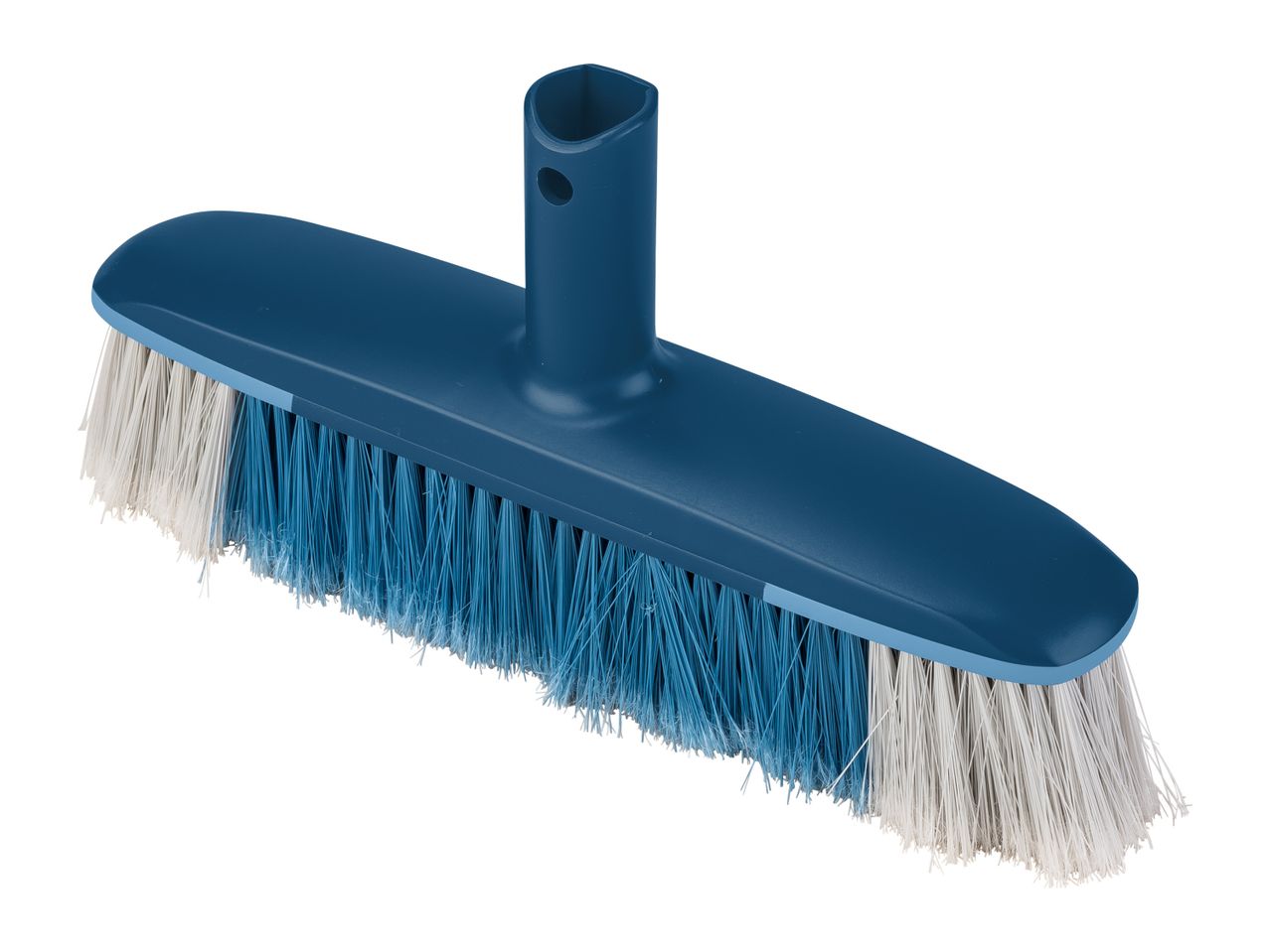 A blue plastic push broom with white bristles.