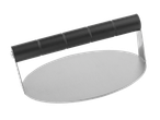 Stainless steel burger press with plastic handle.