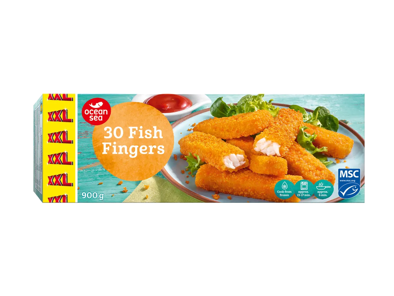 Ocean Sea XXL 30 Fish Fingers (900g) in a box, ready to cook.