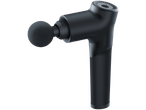 Black massage gun with a round foam head and control panel on top.