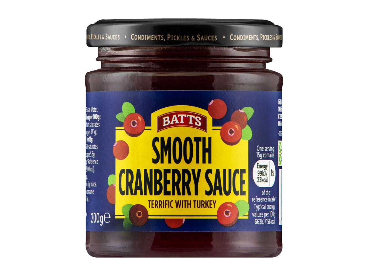A jar of Smooth Cranberry Sauce on a white background. 