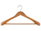 A natural wood suit hanger with a pants bar.