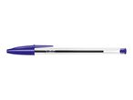 Blue ballpoint pen with a transparent barrel and a visible ink tube.