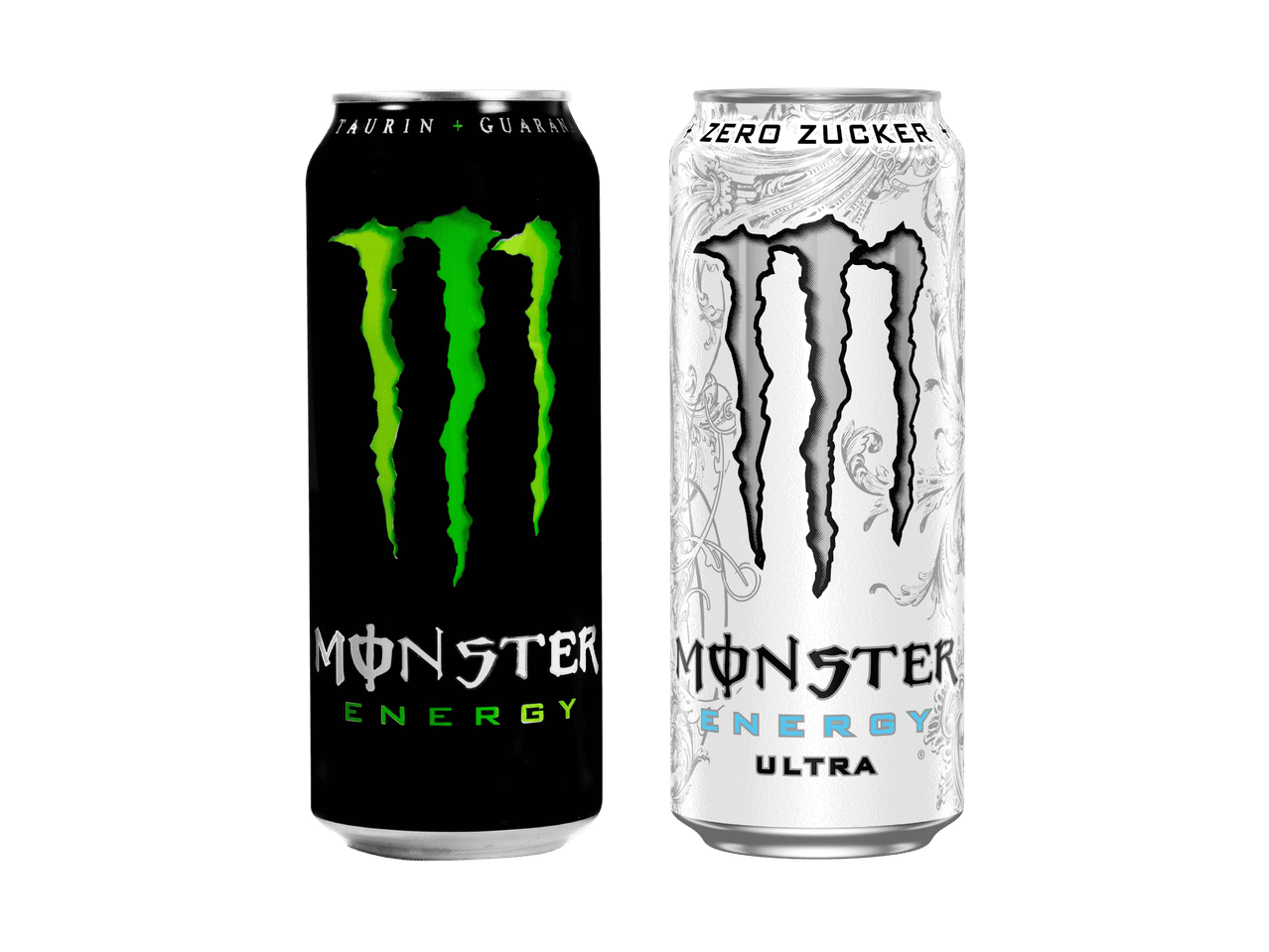 Zwei Dosen Monster Energy: eine schwarze mit grünem Logo und eine weiße Zero Zucker Ultra.