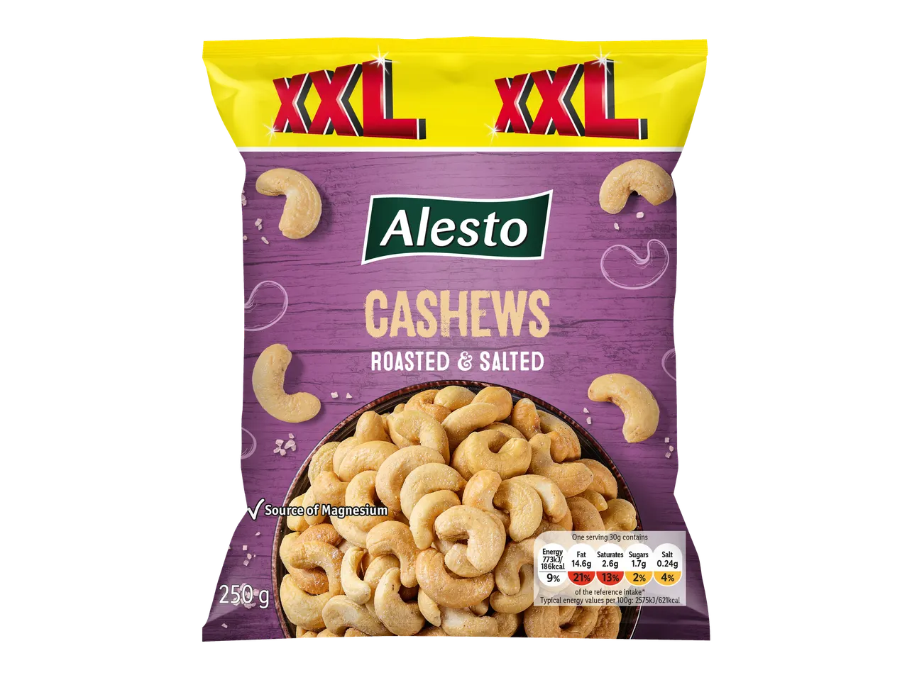 Alesto XXL cashews: roasted & salted, 250g bag, source of magnesium.