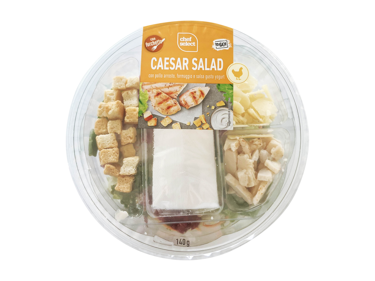 Insalata Caesar pronta con pollo, formaggio e salsa yogurt, confezione da 140g.
