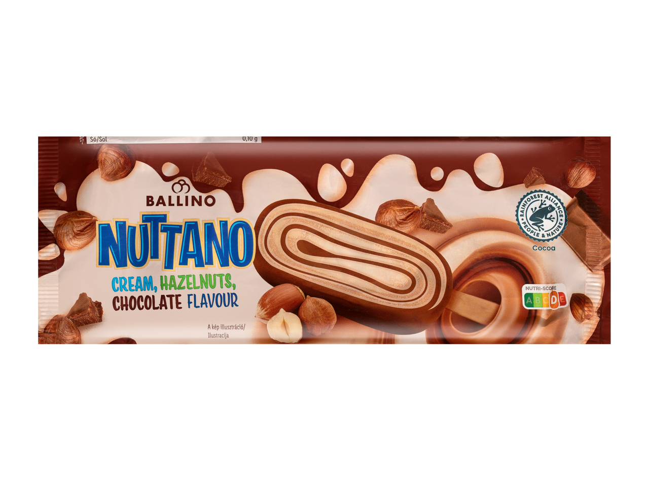 Ballino Nuttano fagylalt nyalóka csomagolása krémes örvényeket, mogyorót és csokoládét ábrázol.