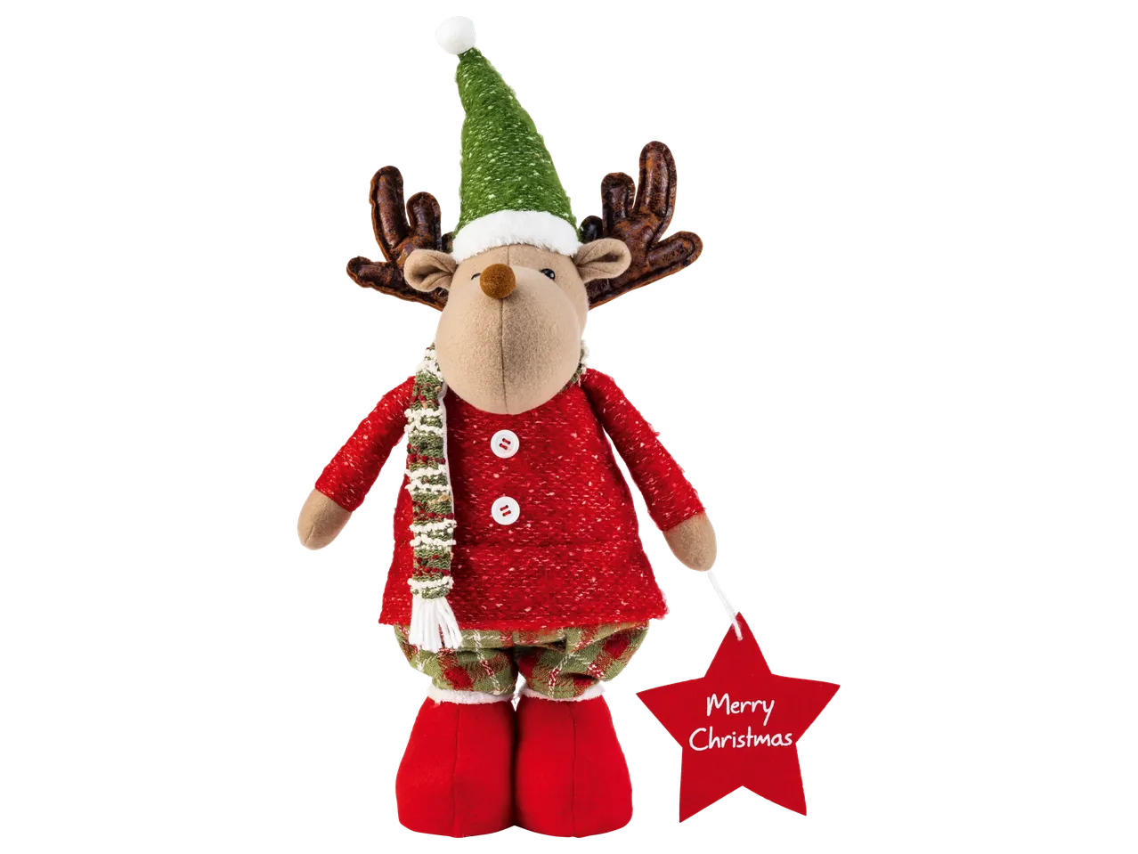Livarno home Deko-Rentier: plīša ziemeļbriedis sarkanā apģērbā un zaļā cepurē, turot zvaigzni ar uzrakstu „Merry Christmas“.
