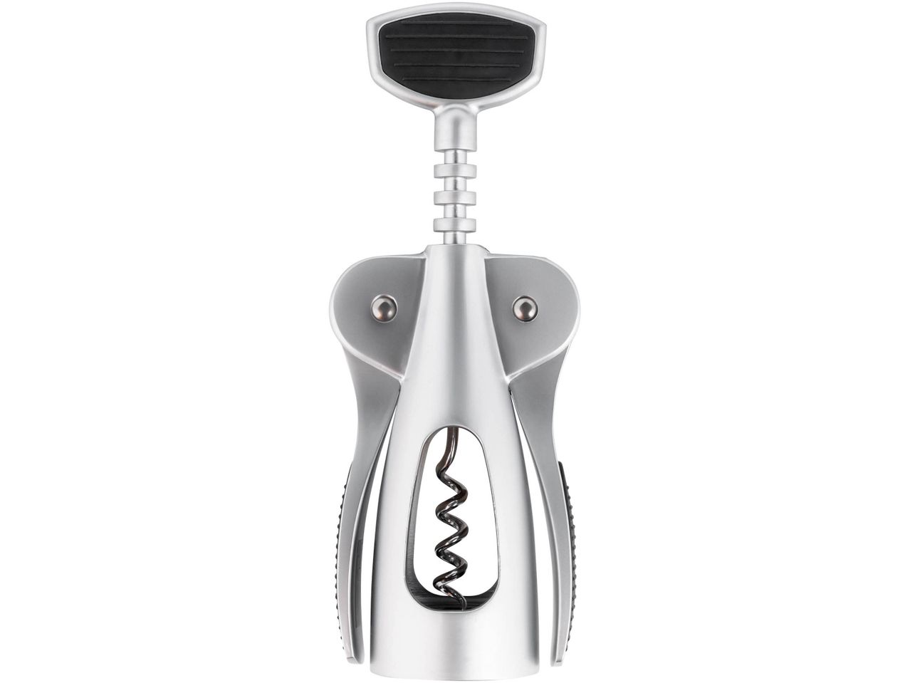 Silver-colored corkscrew with a black handle and a visible worm