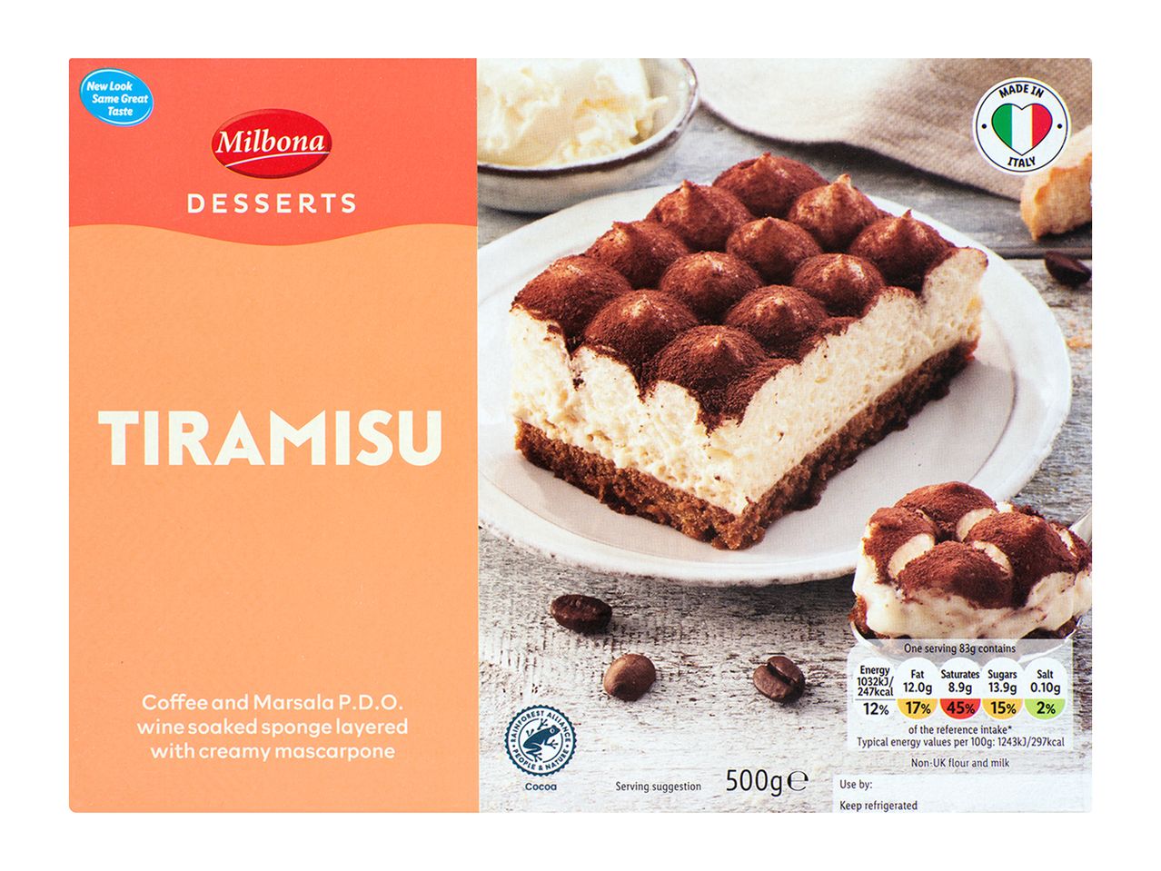 Milbona Tiramisu: Italian dessert layered with coffee and mascarpone.