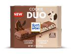 Nieuwe chocoladereep met twee smaken: cacao-koekje en koekje-room, zonder toegevoegde smaken.