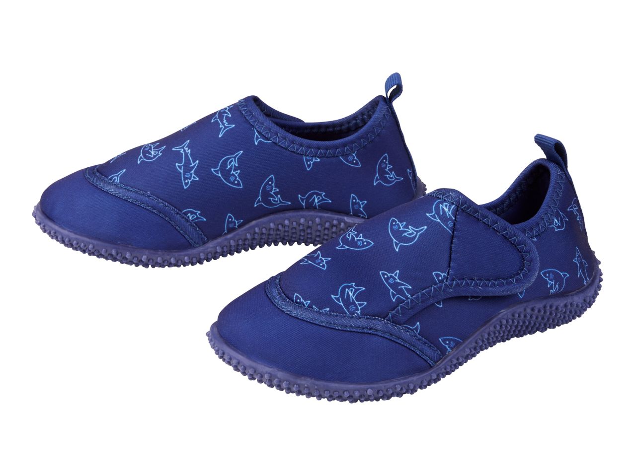 Pair of blue children's water shoes with a shark pattern.