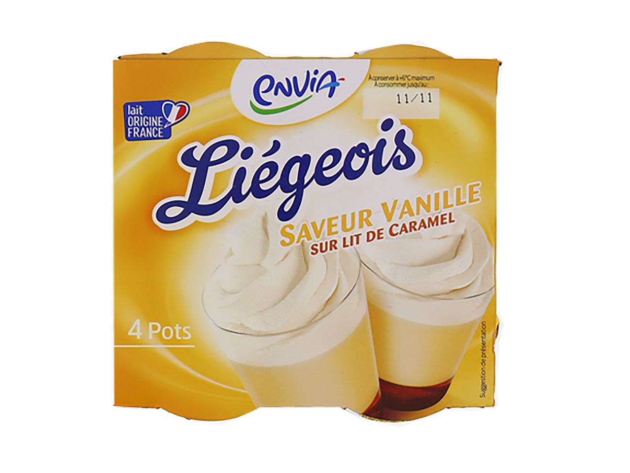 4 pots de pouding Envia Liégeois à la vanille sur lit de caramel.