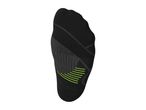 Black athletic sock with green and grey striped accents, viewed from the bottom.