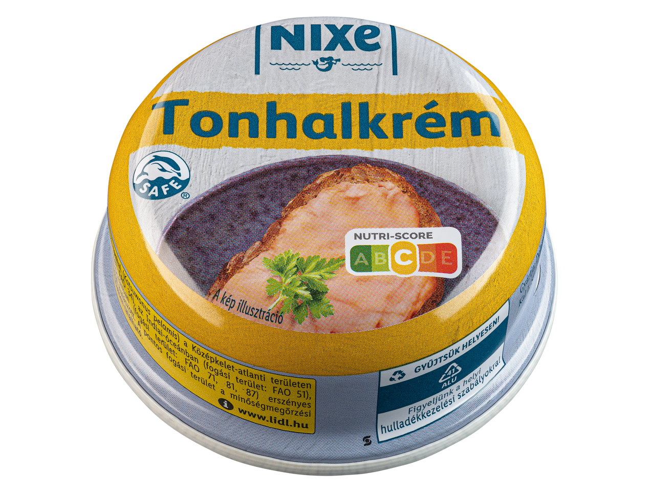 Nixe Tonhalkrém Nutri-Score C jelöléssel, kenyérre kenve tálalási javaslattal.
