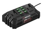 Black dual battery charger with green indicator lights and a charging time table.