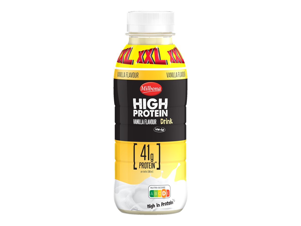 Milbona High Protein Vanille Smaak Drink met 41g eiwit per fles (396 ml).