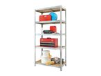 Metal shelving unit with various tools, paint buckets, and other items.