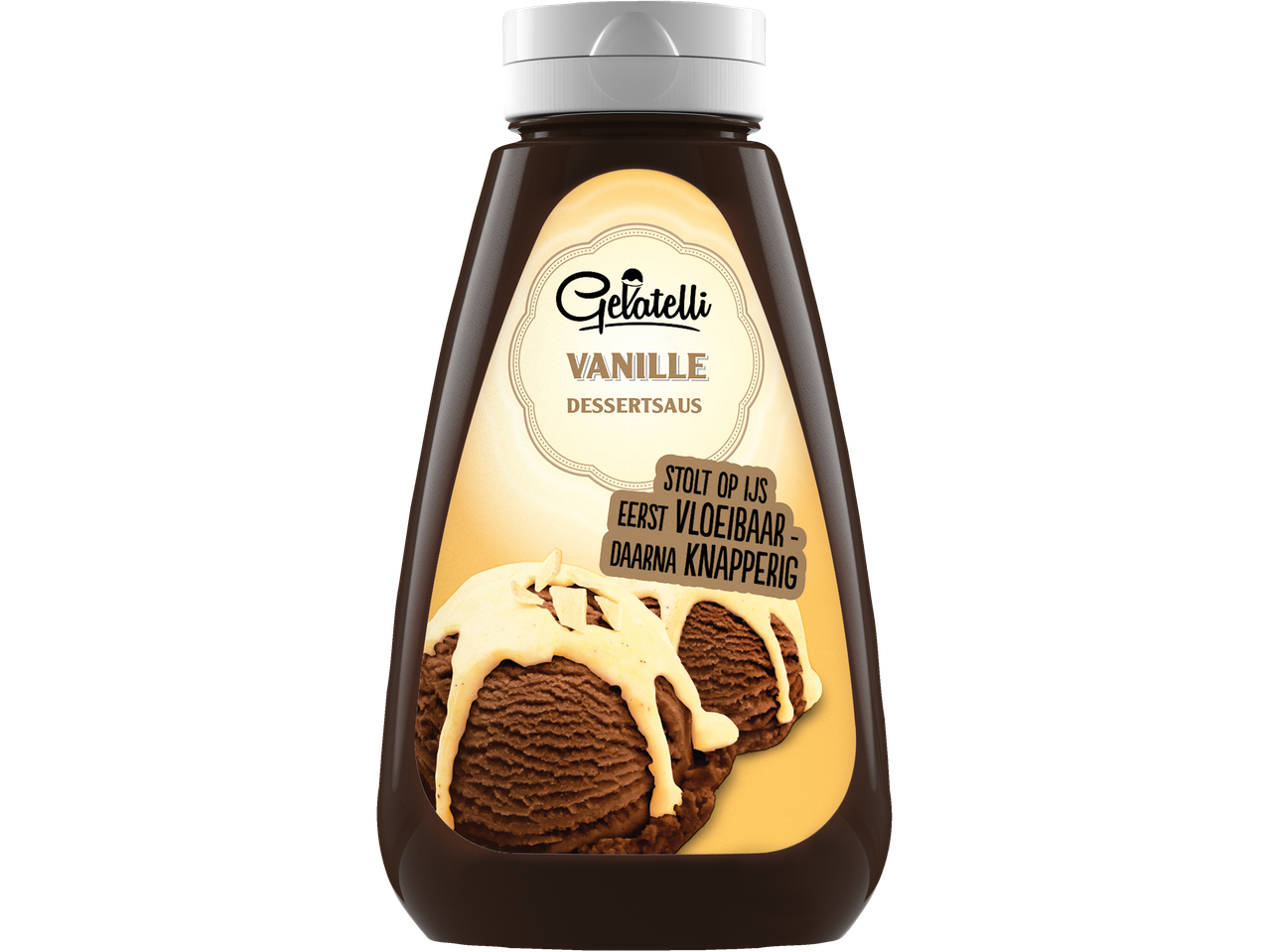 Gelatelli vanille dessertsaus fles met ijs.