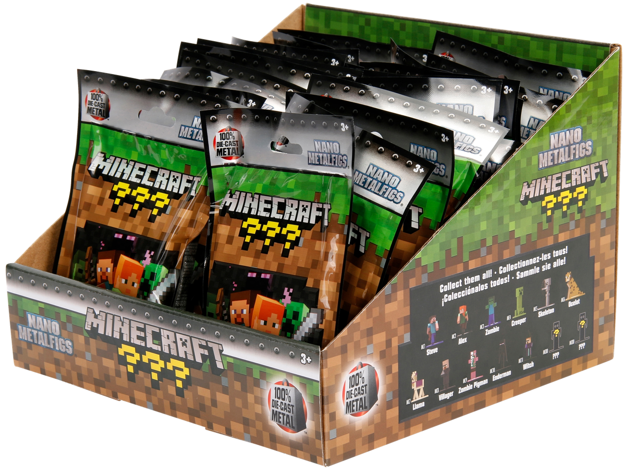 Caixa de pacotes surpresa Minecraft Nano Metalfigs, exibindo figuras colecionáveis.