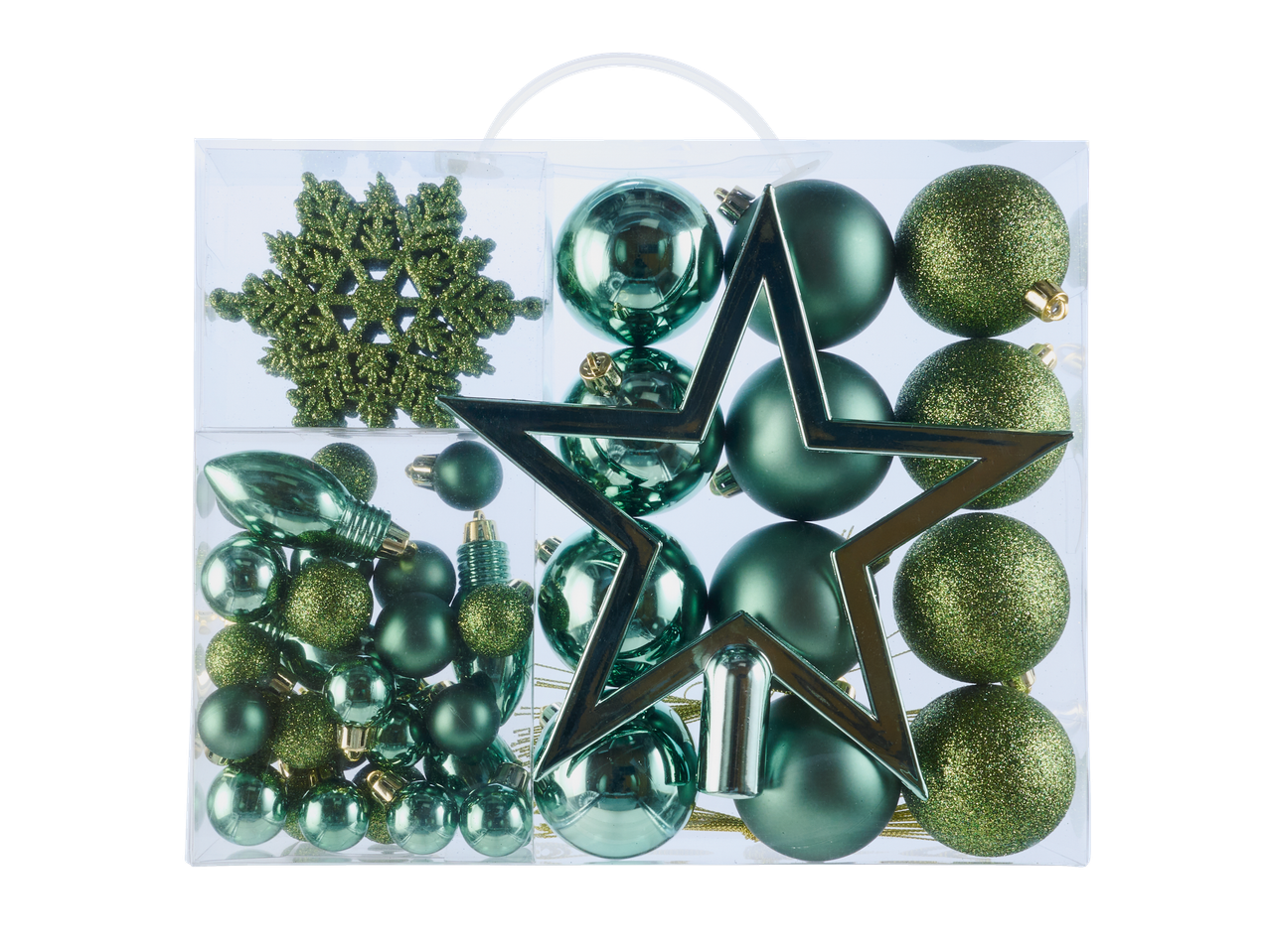 LIVARNO home jõulukaunistused: rohelised kuulid, sädelev lumehelves ja täht.